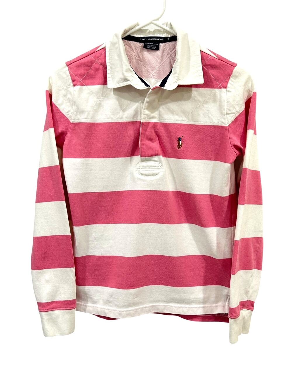 Ralph Lauren Sport Pink White Striped Rugby Polo Shirt Long Sleeve